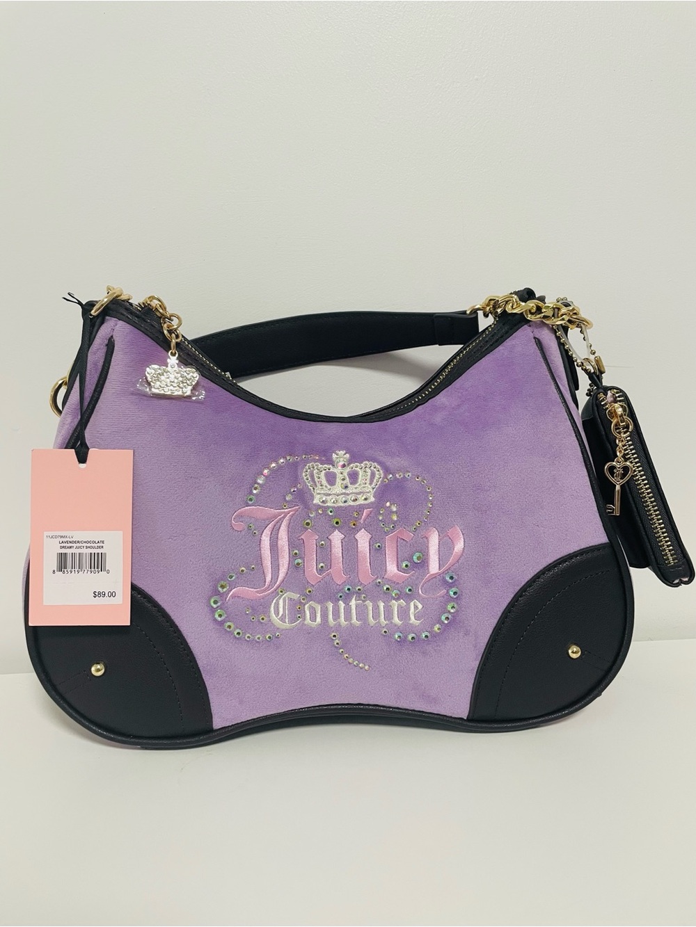 Juicy Couture Lavender Purple Suede Logo Shoulder Bag with Gold Hardware